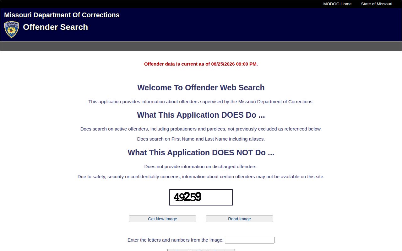 Holt County Missouri Department of Corrections offender record search form
